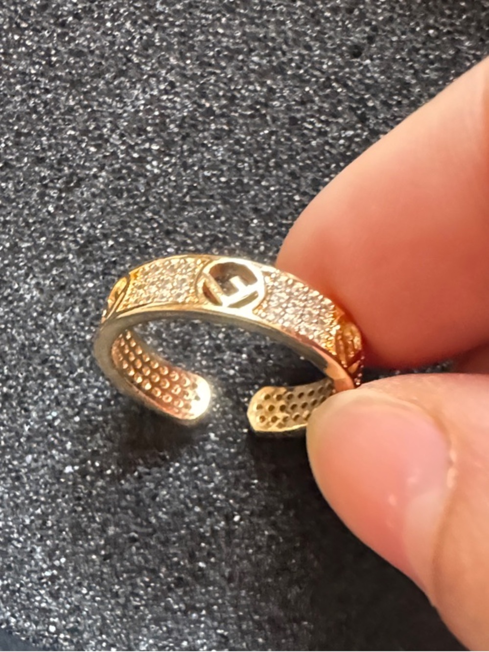 Gold-Tone F Letter Crystal Accent Open Band Ring